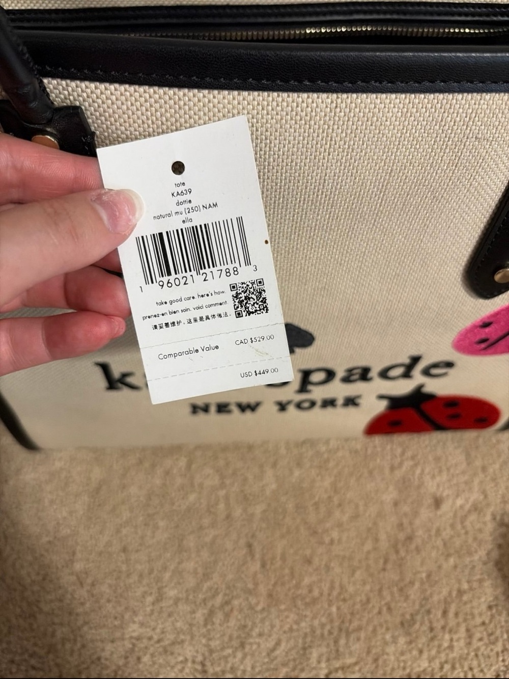 kate spade Canvas Tote and Wallet with Black Trim and Red & Pink Ladybug Accents - Picture 2 of 3